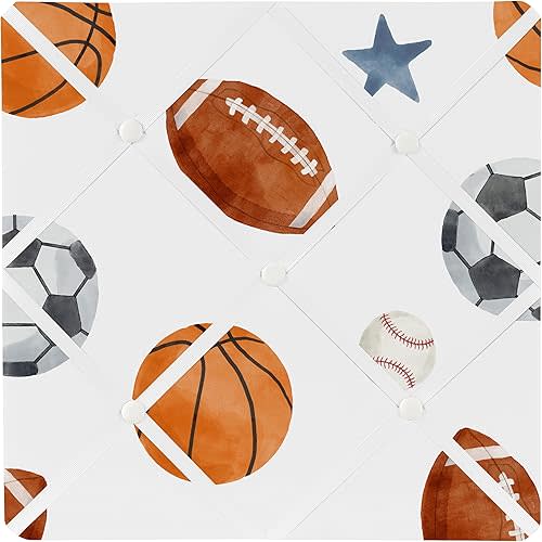 Sweet Jojo Designs Sports Theme Boy Fabric Bulletin Board Picture Memo Photo Nursery Wall Bedroom Home Office Room Decor 13x13 Watercolor Vintage Soccer Balls Football Baseball Basketball Blue Stars
