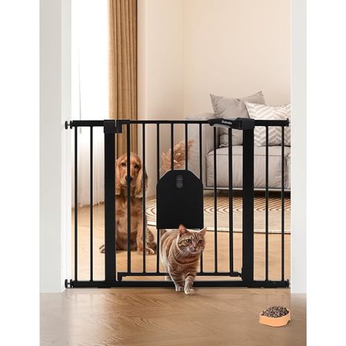 Babelio Auto Close Baby Gate with Cat Door,29-43" Metal Gate for Doorway,Stairs, House,Easy Walk Thru with Pet Door,Includes 4 Wall Cups and 3 Extension Pieces,Black