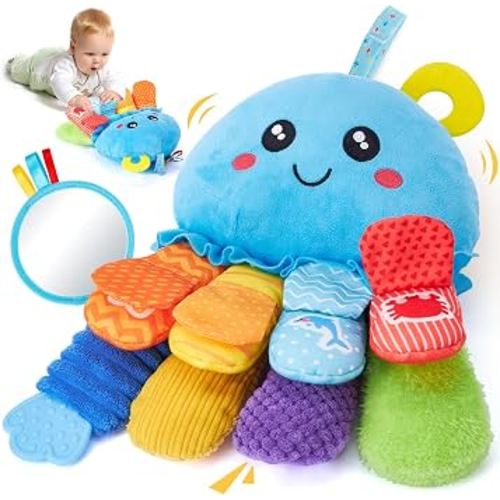 hahaland 8-in-1 Tummy Time Sensory Toy - 3+ Months Baby Rattle, Mirror & Teether Plush Toy - 0-12M Newborn Gift for Boys & Girls, Washable Soft Fabric, Octopus Montessori Toy | Soft Fabric Plush Toy with Mirror, Rattle & Teether for Newborns 0-12 Months,