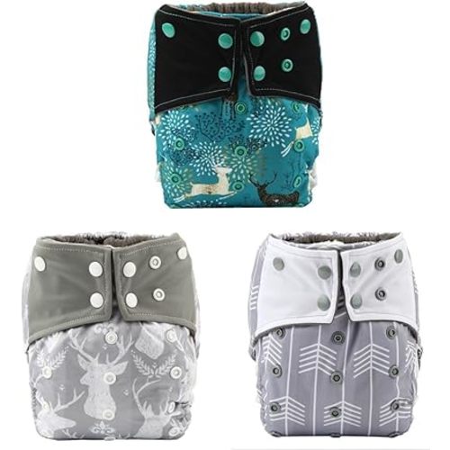 3 AIll in One Cloth Diapers Nappies for Night AIO Sewn in Insert Reusable Washable (Deer Pack)