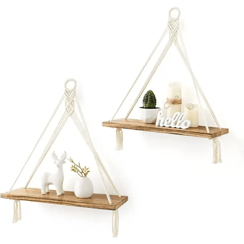 Mkono Macrame Hanging Shelves Boho Wall Decor Set of 2 Floating Wood Shelf