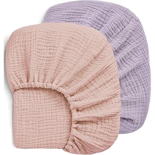 Pro Goleem 2 Pack Muslin Crib Sheets for Girls, Soft Breathable Fitted Cotton Baby Bed Sheets Set for Standard Crib Mattress & Toddler Mattress 52"x28", (Pink&Purple)