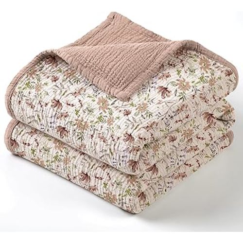 lulumoon Muslin Baby Blanket for Girls - Soft Cotton for Newborn - 4 Layer Reversible Breathable Floral Receiving Blanket for Nursery Crib and Stroller 47"x47"(Sand Flower)
