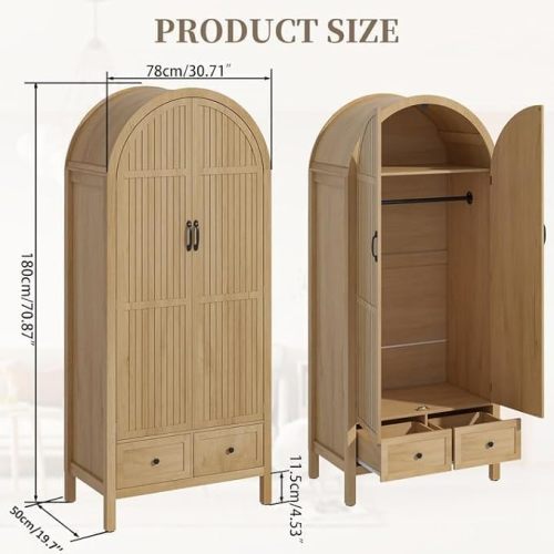 Wardrobe Closet, Armoire Wardrobe Closet with Drawers and 2 Arched Fluted Doors, 70.87‘’ Tall Wooden Bedroom Armoires with Shelves and Hanging Rod (1, Wood Color)