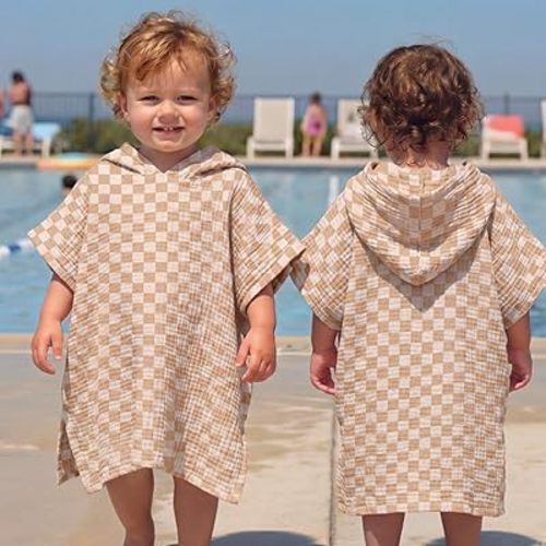 Frienda Muslin Hooded Beach Towel for Kids 0-3 Years Soft Muslin Bath Poncho for Baby Absorbent Fast Drying Blankets for Boys Girls Newborns Toddler Beach Pool Bath Essentials(Checkered, Brown, White)