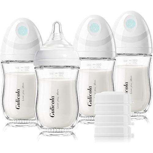 Gulicola Natural Glass Baby Bottle 4 Pack, Newborn Breastfeeding Bottles Set, Extra Slow Flow Nipples (SS), Anti Colic, 0 Months+, 5 oz - White