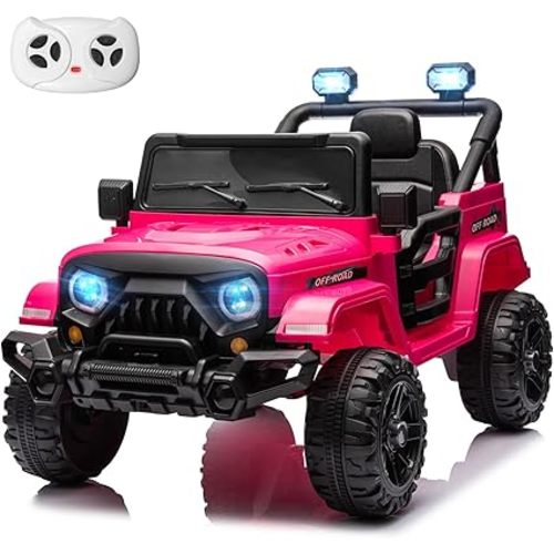 12V Kids Electric Ride on Truck Car Remote Control, Twin 35W Motors 3.5MPH Max Speed, Bluetooth Music Player, 4 Wheels Suspension LED Lights Safety Belt, Gift for Boys Girls-Hot Pink