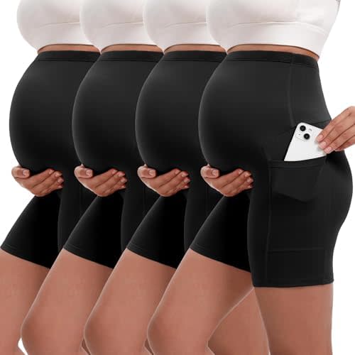 4 Pack Women's Maternity Shorts with Pockets Over The Belly Yoga Biker Pregnancy Workout Running Active Shorts