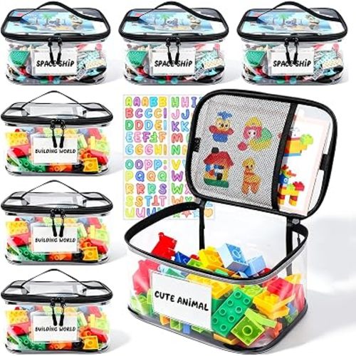 Tesuko 6 Pack Clear Toy Storage Bag with Name Tag& Manual Pocket, Waterproof Transparent PVC Toy Organizer Case for Lego Bricks, Board Games, Building Blocks, Puzzles (Large Capacity, Black)