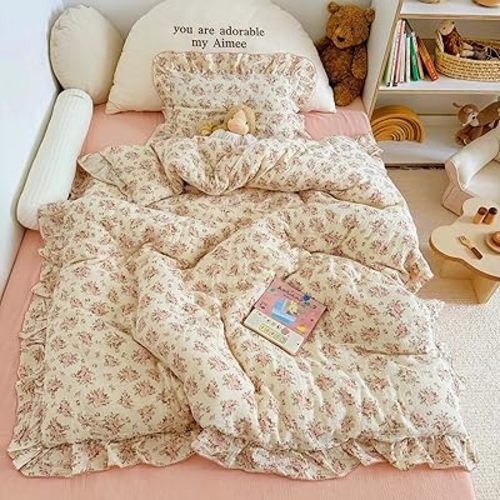 BuLuTu Girls Toddler Kids Duvet Cover Pink Floral Chic Duvet Covers with Ruffles Muslin Cotton Soft Comforter Cover, 47"x59", Soft Lightweight, Machine Wash, No Pillowcases/Comforter