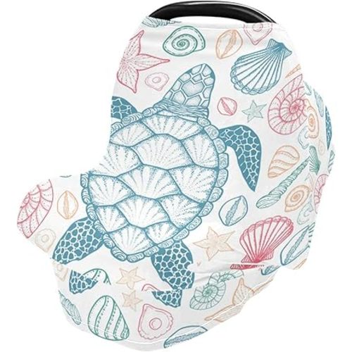 Sea Turtle Starfish Shells Baby Car Seat Covers, Nursing Cover Breastfeeding Scarf Soft Breathable Stretchy Coverage, Infant Stroller Cover for Boys Girls