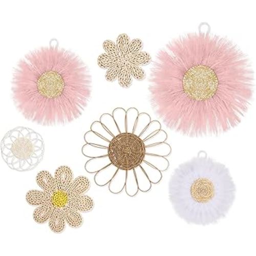 Chunful 7 Pcs Boho Wall Basket Decor Rattan Flower Wall Decor Nursery Daisy Flower Woven Macrame Hanging Flowers for Baby Kids Girls Farmhouse Bedrooms Living Rooms Kitchen Home(Pink)