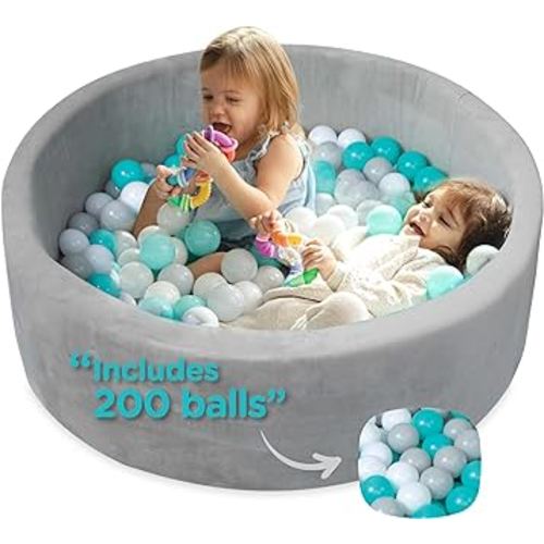 Nuby Velvet Ball Pit, Soft Play Foam Ball Pits for Baby and Toddlers with 200 Colored Balls Included, Ball Pit Playpen, Indoor Play Gym, Outdoor Play Ball Pit for Babies, Bounce Ball Game Aqua & Gray