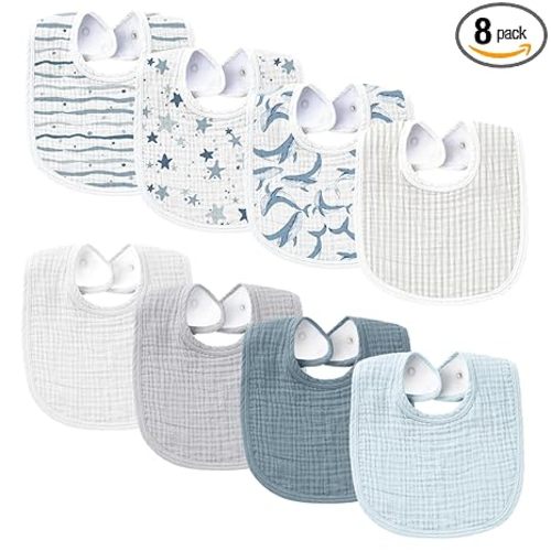 Konssy Muslin Baby Bibs 8 Pack Baby Bandana Drool Bibs Cotton for Unisex Boys and Girls, Soft Absorbent Set for Teething and Drooling