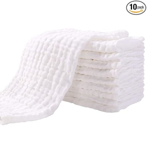 Yoofoss Muslin Burp Cloths for Baby 10 Pack 100% Organic Cotton Baby Washcloths for Boys Girls Large 20''X10'' Super Soft and Absorbent White