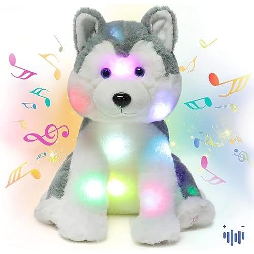 Hopearl LED Musical Stuffed Husky Light up Singing Plush Dog Adjustable Volume Lullaby Animated Soothe Birthday Festival for Kids Toddler Girls, Gray, 12''
