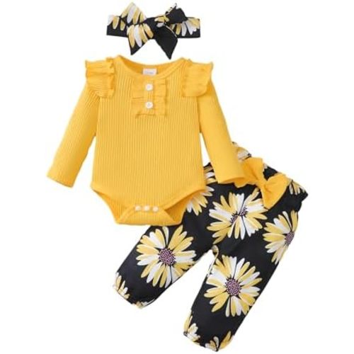 SUNNY PIGGY Baby Girl Clothes Infant Newborn Outfits Ruffle Short Sleeve Romper Tops Floral Pants Set With Headband