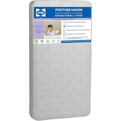 Sealy Baby Posture Haven Orthopedic Antibacterial 2 Stage Waterproof Crib Mattress plus Toddler Bed Fit, 204 Premium Coils, GREENGUARD Gold Certified, Safety & Quality Tested, Made in USA, 52"X28"