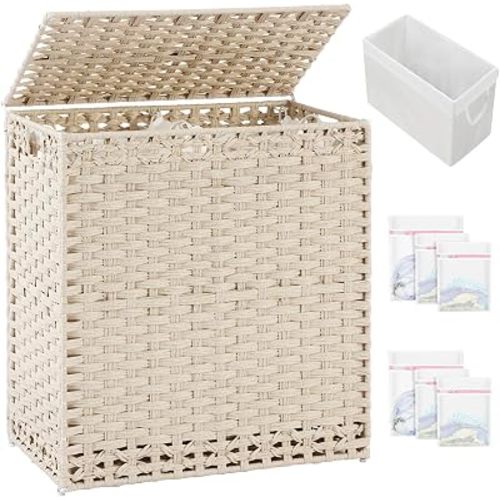 SETVSON Laundry Hamper with Lid PE Rattan Laundry Basket, Light Khaki