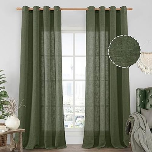 Olive Green Sheer Linen Curtains 84 Inches Long for Living Room