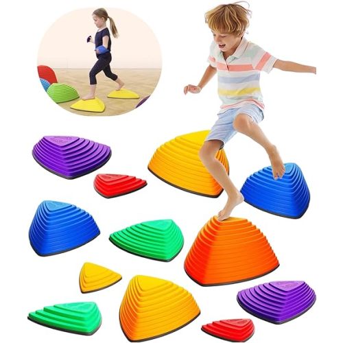 Giggle & Play Stepping Stones For Kids, Set Of 12, Montessori Indoor and Outdoor Balance Stepping Stones, Promotes Coordination, Balanced Strength Child Safe Rubber, Sports, Vibrant Colors, Non-Slip Edges