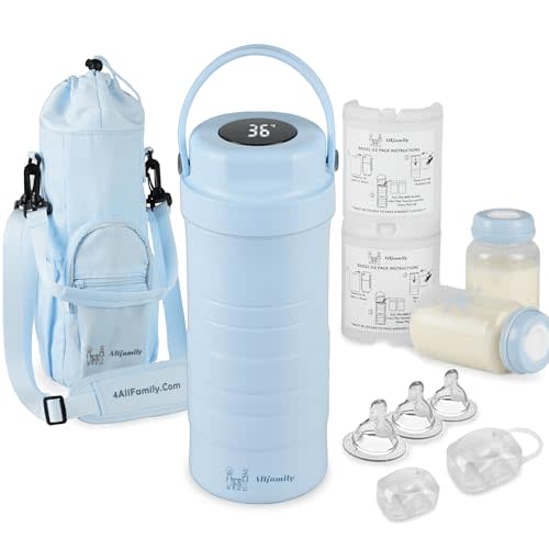 4ALLFAMILY Breast Milk Cooler Bag - 22oz Storage with Biogel Cooling - Blue | Large Capacity Breast Milk Cooler with Two 11oz Bottles, Silicone Nipples & 24+ Hour Biogel Cooling - TSA Compliant