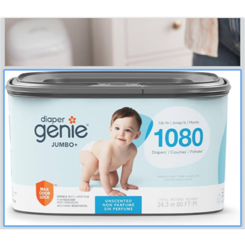 The Diaper Genie Jumbo+ Square Refill, with continuous film, can hold up to 1080 newborn-sized diapers per refill.
