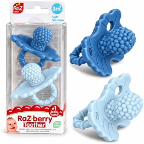 RaZbaby RaZberry Silicone Teether Pacifier – Teething Relief for Infants, Food-Grade, Hands & BPA Free, Natural Berrybumps Fruit Texture for Sensory Development, Freezable, 2-Pack - Dark & Light Blue