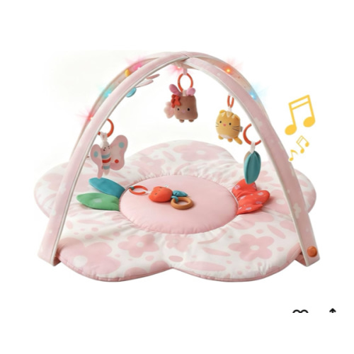 Baby Play Gym & Activity Mat with Light-up Musical Arch, Washable Tummy Time Mat with 6 Detachable Sensory Toys for Motor Skills, Baby Essentials Shower Gift - Updated Spring Blossoms Themed