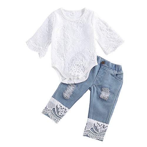 CIYCUIT Newborn Baby Girl Lace Clothes Infant Boho Romper + Ripped Denim Jeans Outfits