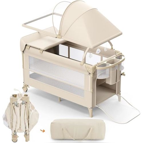 4 in 1 Foldable Pack and Play with Bassinet and Changing Table, Bedside Crib Sleeper with Mattress, Mosquito Net and Toy Bar for Newborn to Toddler, Beige