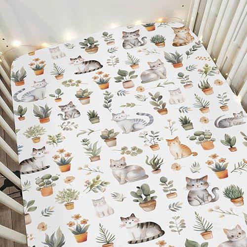 Watercolor Cats Tropical Houseplants Baby Crib Sheets for Boy Girl 52"x28" Boho Neutral Kittens Soft Snug Fitted Crib Mattress Cover Cat Lover Gift Baby Sheet for Standard Crib & Toddler Bed Mattress