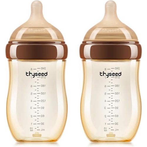 Thyseed PPSU Anti-Colic Baby Bottle, Breast-Like Medium Fast Flow Nipple for Breastfed Babies (3m+), 8 oz/240 mL, 2 Pack