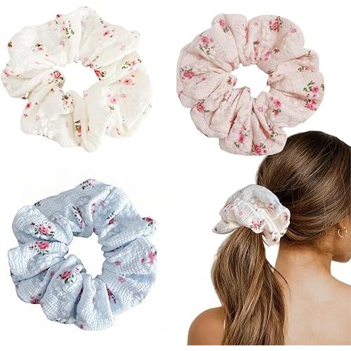 3 Pieces Floral Scrunchies for Women, Blossom Lace Scrunchies Hair Ties Ponytail Holder Hair Accessories Gift