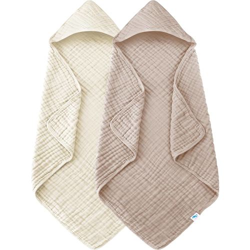 SWEET DOLPHIN Muslin Hooded Baby Bath Towels - 2 Pack 100% Cotton Towel for Babies, Infants, Toddlers - 32x32Inch - Highly Absorbent and Newborn Essential, Ivory and Brown
