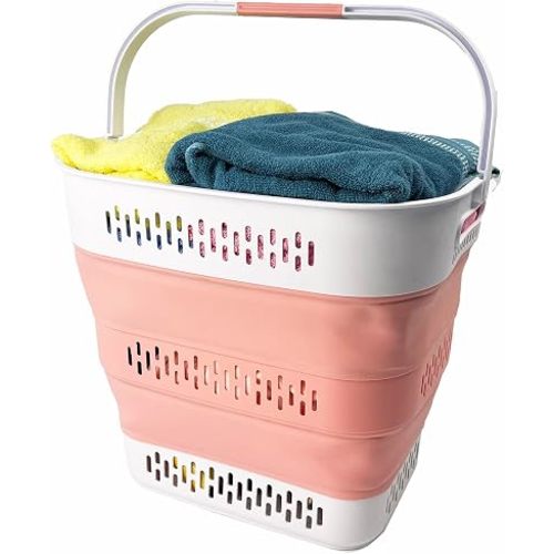 SAMMART 40L (10.5 Gallon) Collapsible Plastic Laundry Basket with Handles - Foldable Pop Up Storage Container/Organizer - Portable Laundry Hamper - Space Saving (1, Grey/Quartz Pink)