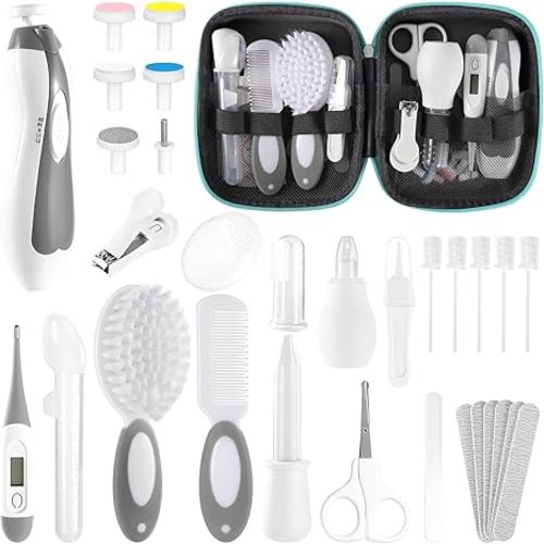Baby Healthcare and Grooming Kit for Newborn Kids, 31PCS Upgraded Safety Baby Care Kit, Newborn Nursery Health Care Set, Baby Care Products （Grey White)