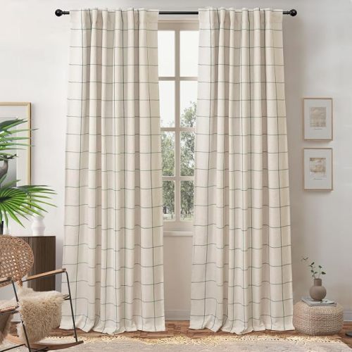 DriftAway 100% Blackout Plaid Linen Curtains W52xL90 Loden Green | 100% Blackout, Linen Texture, Plaid Pattern, Two Layers, Rod Pocket & Back Tab, Bedroom Living Room Use, Luxury Appearance