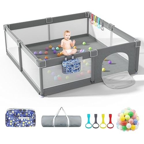 79" x 71" Baby Playpen with Upgrade Mat, Portable Play Yard for Babies and Toddlers, Extra Large Baby Gate Playpen, Play Pin, Fence Area, Includes Ocean Balls, Pulling Rings