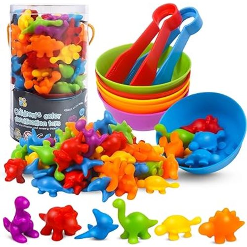 GKDOMS Counting Dinosaurs Toys Matching Game with Sorting Bowls Preschool Learning Activities Montessori Sensory Toys for Math Color Sorting, Party Favors Birthday Gift for Toddlers
