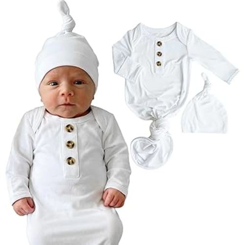 Caden Lane Newborn Knotted Gown with Hat, Soft Bamboo Viscose Baby Sack, Unisex Infant Breathable Night gown