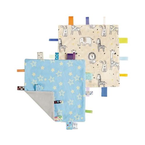 CREVENT Tag Security Blankets for Babies, Soft Small Loveys for Boys, Baby Comforter Sensory Blanket, Great Gifts for Birthday Baby Shower - 10"X10" Blue Star + Zoo