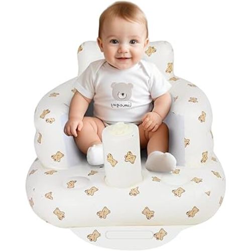 Inflatable Baby Seat, Inflatable Baby Chair for Babies 3 Months and Up Summer Baby Inflatable Seat for Sitting Up, Blow Up Baby Floor Seat with Built in Air Pump, Bear