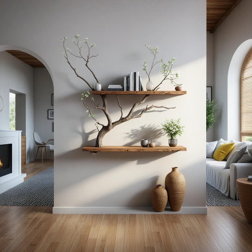 Natural wooden art Tree branch bookshelf next to a unique floating corner bookshelf decorates the home