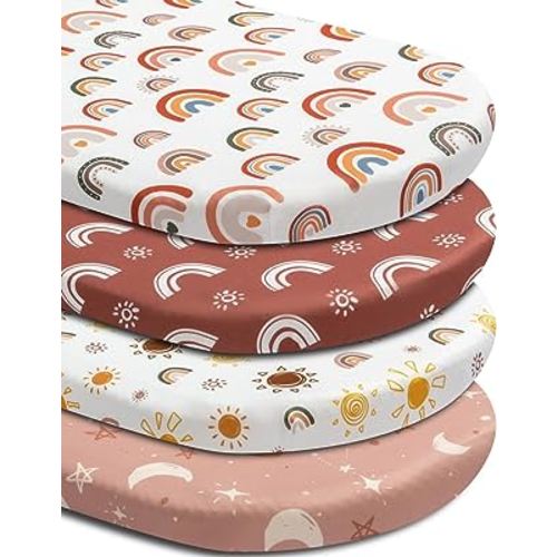 4 Pack Bassinet Sheets Boho Nursery Sheets Sunshine and Rainbow Desdign Neutral Unisex Fitted Baby Bassinet Sheets for Baby Boys or Girls (Bassinet Sheets)