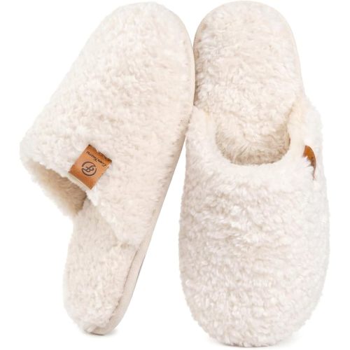 EverFoams Women's Fuzzy Slip-on Slippers Warm Cozy Soft Lightweight Memory Foam Indoor House Shoes Cream White, 9-10 US