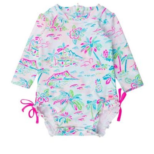 Rufflebutts Baby Long Sleeve One Piece Rash Guard - Tea Roses, Size : 3-6 Months