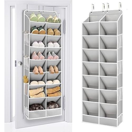 ULG Over The Door Shoe Organizer with 16 Large Pockets, Hanging Shoe Rack for Closet Door, Space Saving Shoe Storage for Boots, Heels & Sneakers,Grey