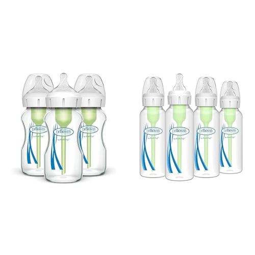 Dr. Brown's Natural Flow Anti-Colic Options+ Wide-Neck Glass Baby Bottles 9 oz/270 mL & Natural Flow® Anti-Colic Options+™ Narrow Baby Bottles 8 oz/250 mL, with Level 1 Slow Flow Nipple, 4 Pack, 0m+