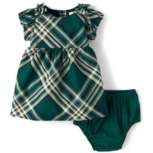The Children's Place Baby Girls Matching Family Christmas Short Flutter Sleeve Bow Plaid Satin Fit And Flare Dress Green 3-6 M